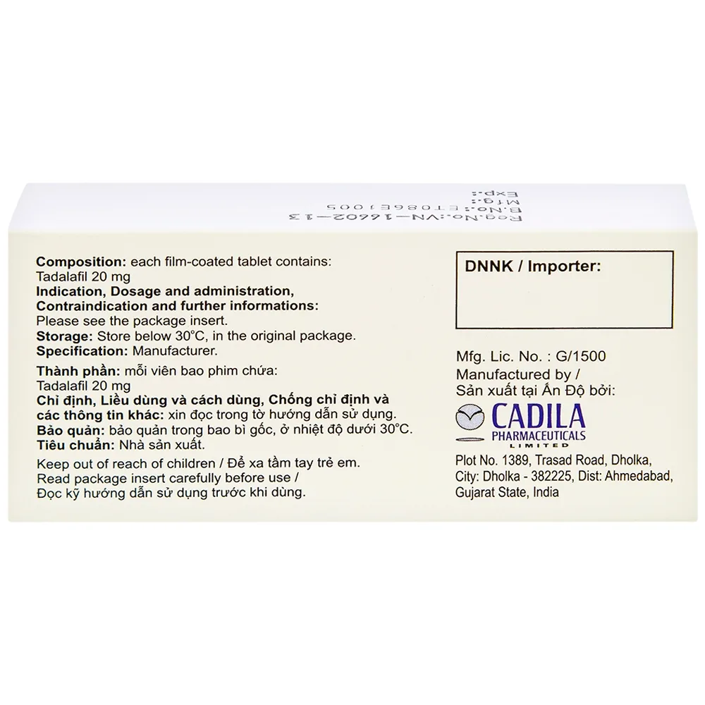 Hình ảnh Viên nén Jovan T 20 Cadila điều trị rối loạn cương dương (1 vỉ x 1 viên)