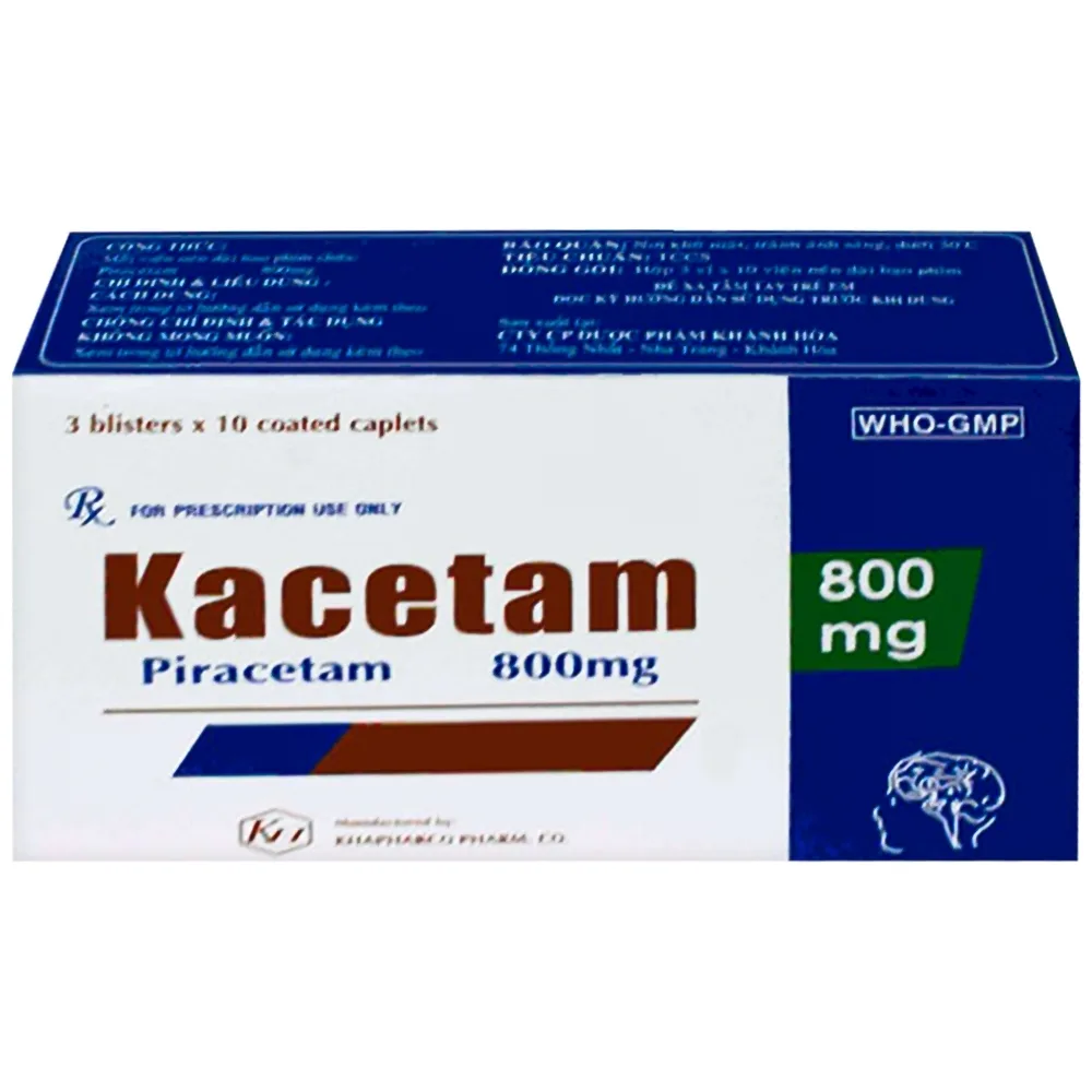 Hình ảnh Viên nén Kacetam 800mg Khapharco điều trị rung giật cơ có nguồn gốc vỏ não, thiếu máu não (3 vỉ x 10 viên)