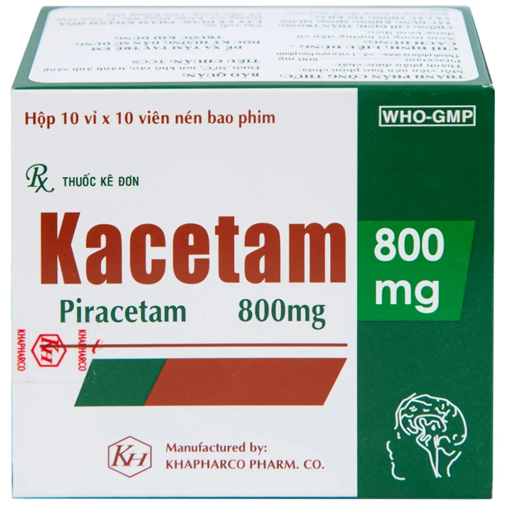 Hình ảnh Viên nén Kacetam 800mg Khapharco điều trị rung giật cơ có nguồn gốc vỏ não, thiếu máu não (10 vỉ x 10 viên)