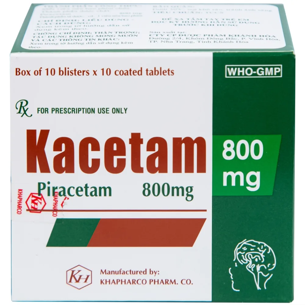 Hình ảnh Viên nén Kacetam 800mg Khapharco điều trị rung giật cơ có nguồn gốc vỏ não, thiếu máu não (10 vỉ x 10 viên)