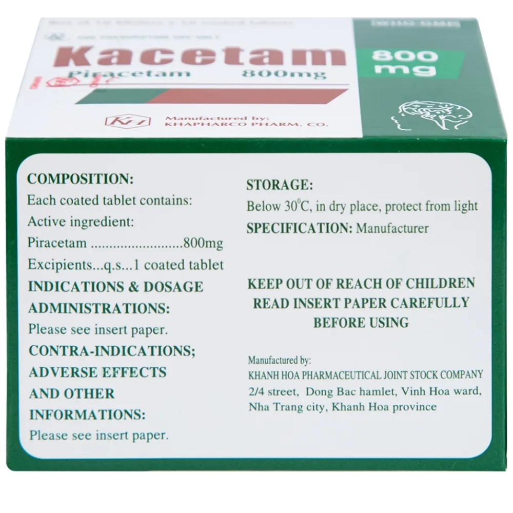 Hình ảnh Viên nén Kacetam 800mg Khapharco điều trị rung giật cơ có nguồn gốc vỏ não, thiếu máu não (10 vỉ x 10 viên)
