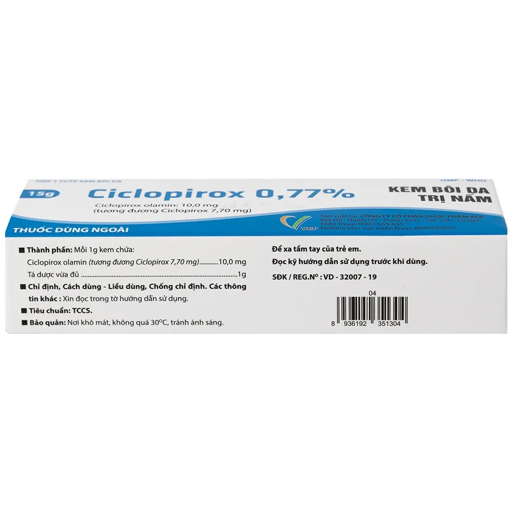 Hình ảnh Kem bôi da Ciclopirox 0,77% VCP điều trị nấm da chân, nấm da đùi và nấm da toàn thân (15g)