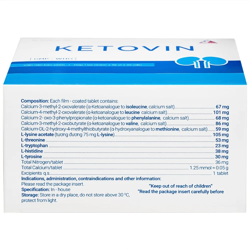Hình ảnh Thuốc Ketovin Vinphaco phòng ngừa và điều trị rối loạn chuyển hóa protein trong suy thận mạn (10 vỉ x 10 viên)