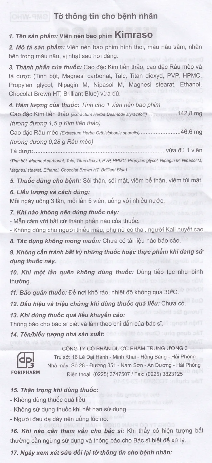 Hình ảnh Viên nén Kimraso Forifarm điều trị sỏi thận, sỏi mật, viêm bể thận, viêm túi mật (60 viên)
