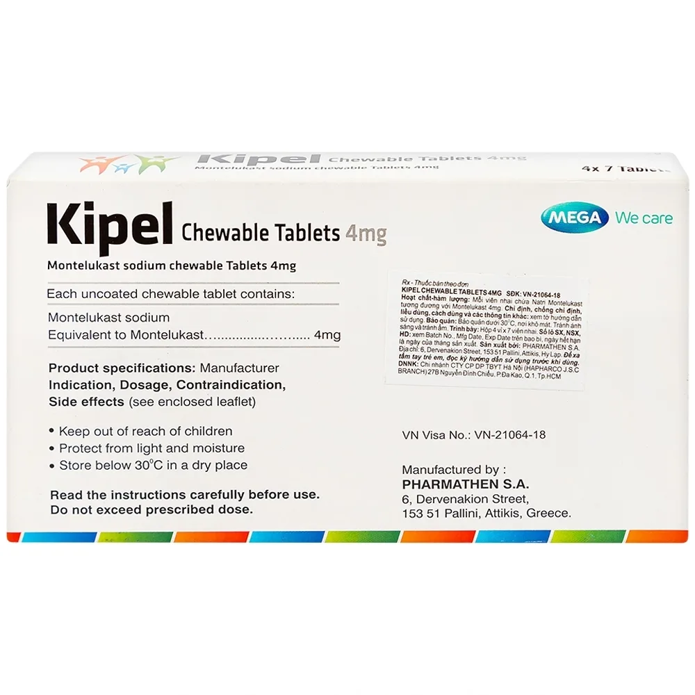 Hình ảnh Viên nhai Kipel Chewable Tablet 4mg MEGA We care điều trị hen suyễn, co thắt phế quản, viêm mũi dị ứng (4 vỉ x 7 viên)