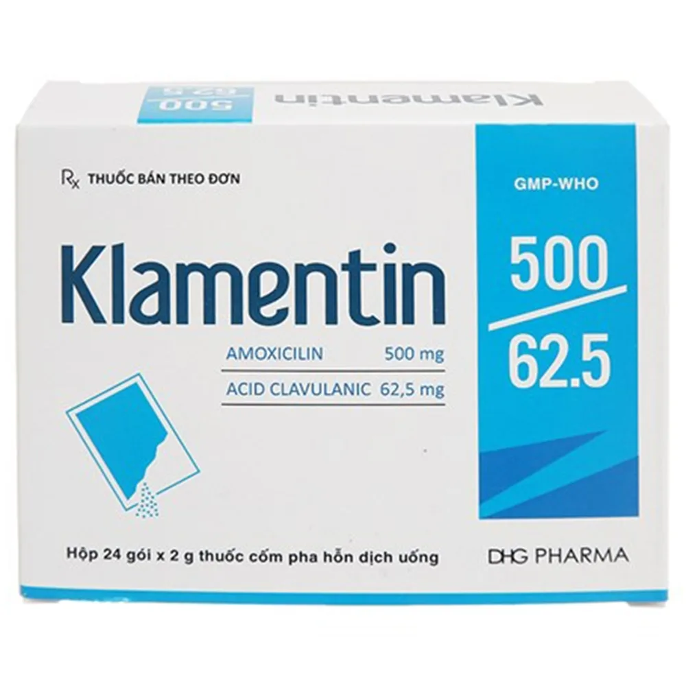Hình ảnh Cốm pha hỗn dịch uống Klamentin 500/62.5 DHG Pharma điều trị nhiễm khuẩn đường hô hấp (24 gói) 