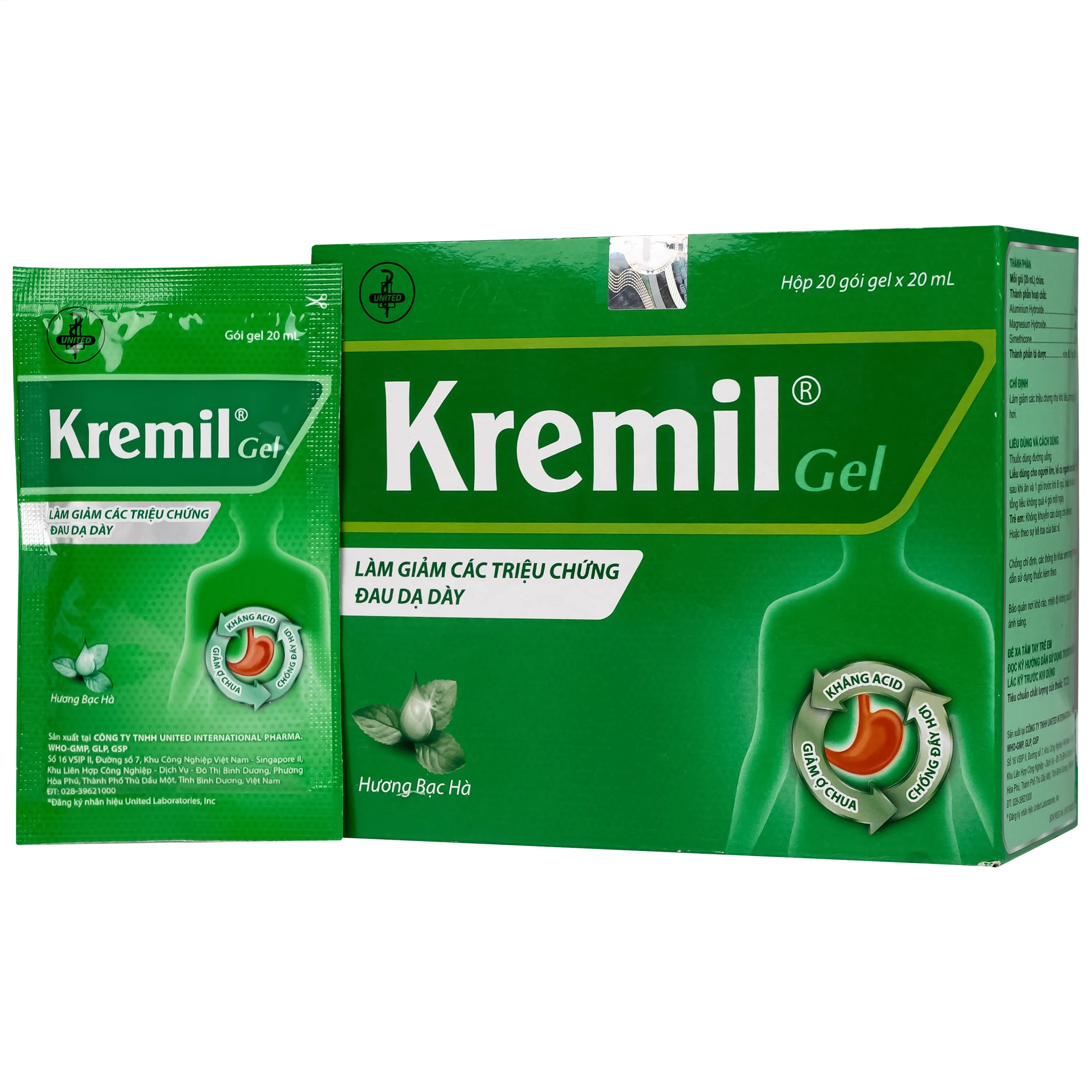 Hình ảnh Thuốc Kremil Gel Bạc Hà United làm giảm các triệu chứng như khó tiêu, ợ nóng, đầy hơi (20 gói x 20ml)