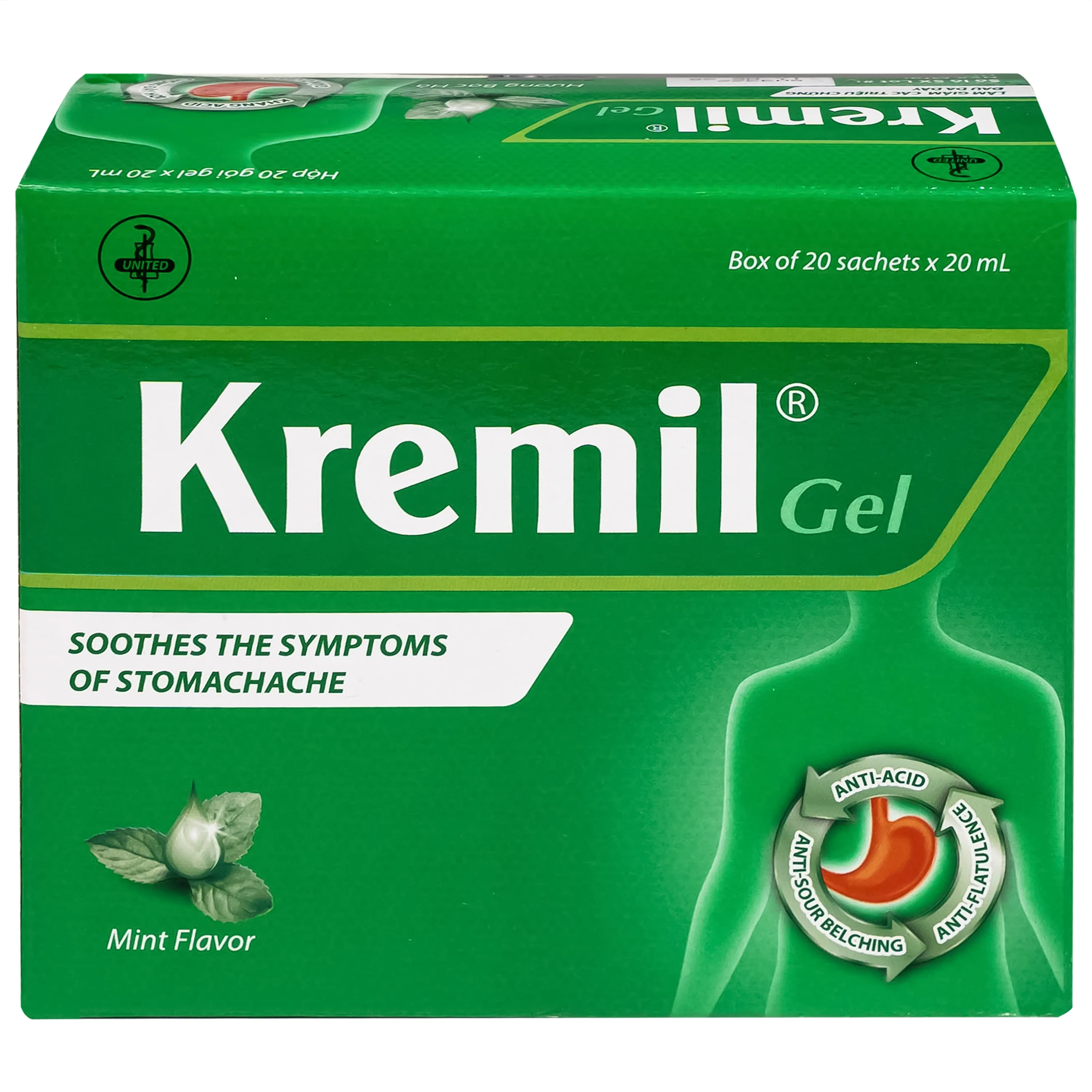 Hình ảnh Thuốc Kremil Gel Bạc Hà United làm giảm các triệu chứng như khó tiêu, ợ nóng, đầy hơi (20 gói x 20ml)