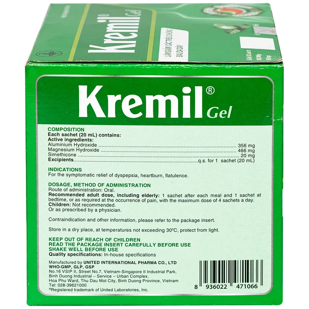 Hình ảnh Dung dịch Kremil Gel United Pharma giảm loét dạ dày - tá tràng, viêm thực quản (30 gói x 20ml)