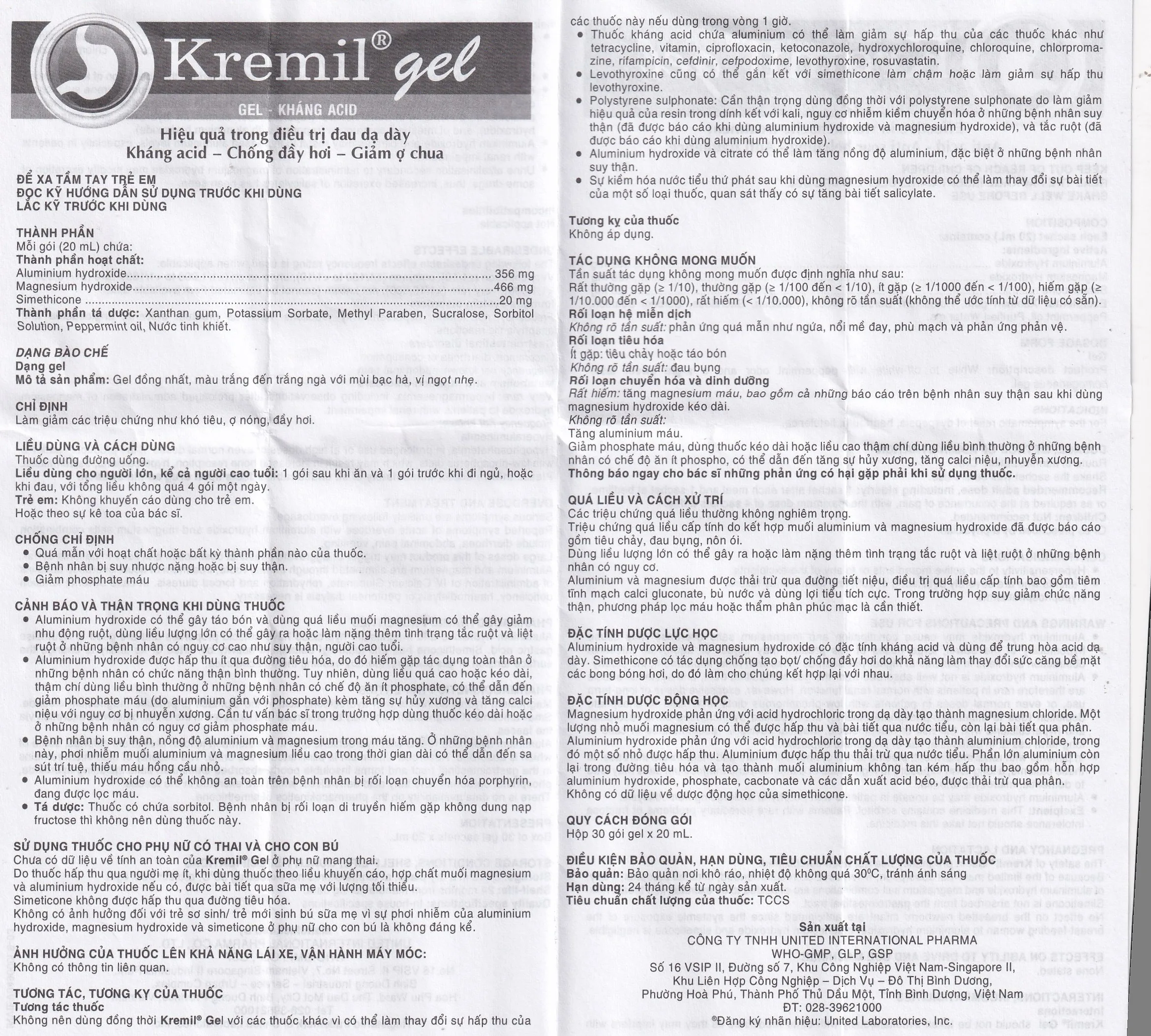 Hình ảnh Dung dịch Kremil Gel United Pharma giảm loét dạ dày - tá tràng, viêm thực quản (30 gói x 20ml)