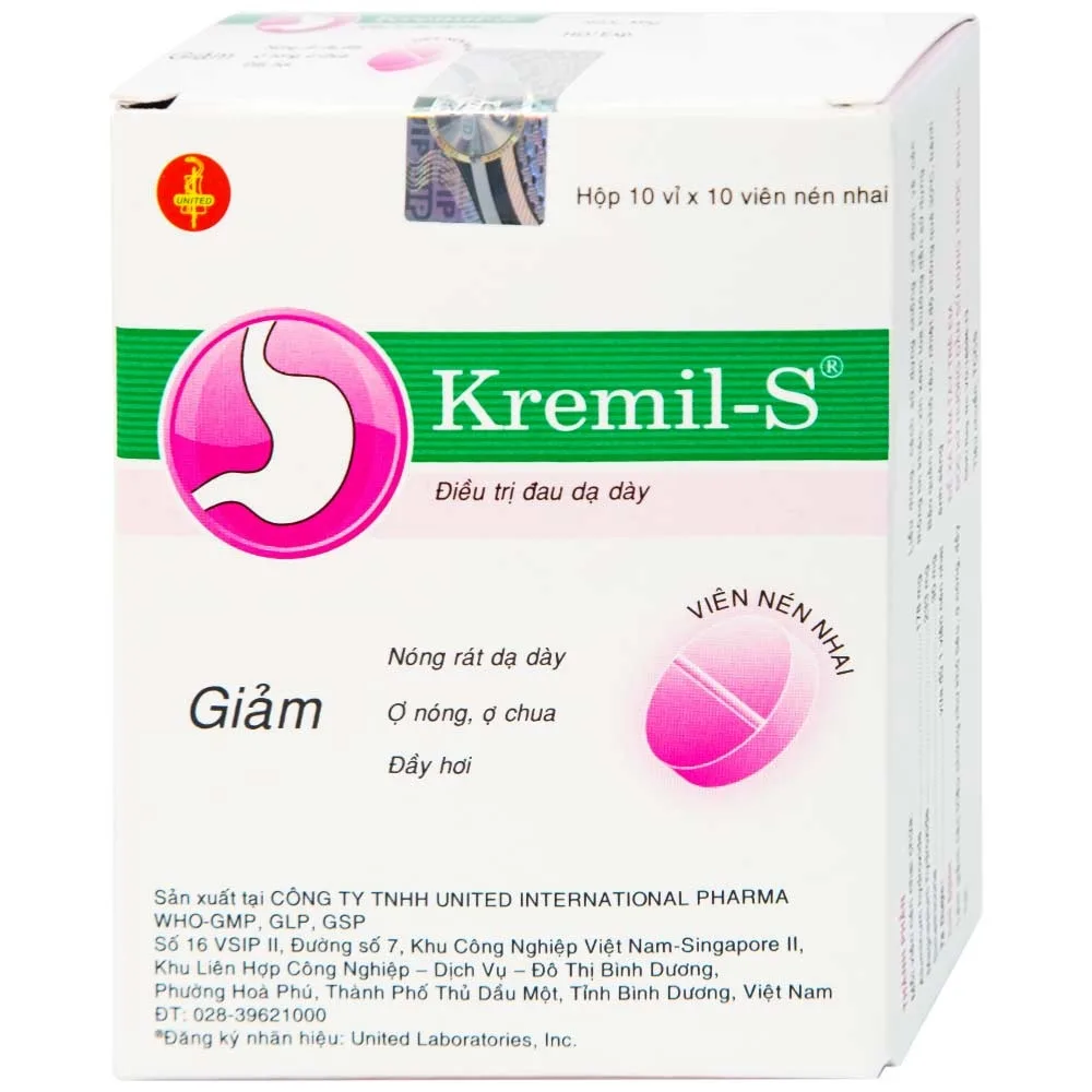 Hình ảnh Viên nhai Kremil-S United điều trị đau dạ dày, giảm nóng rát dạ dày, ợ nóng, ợ chua (10 vỉ x 10 viên)