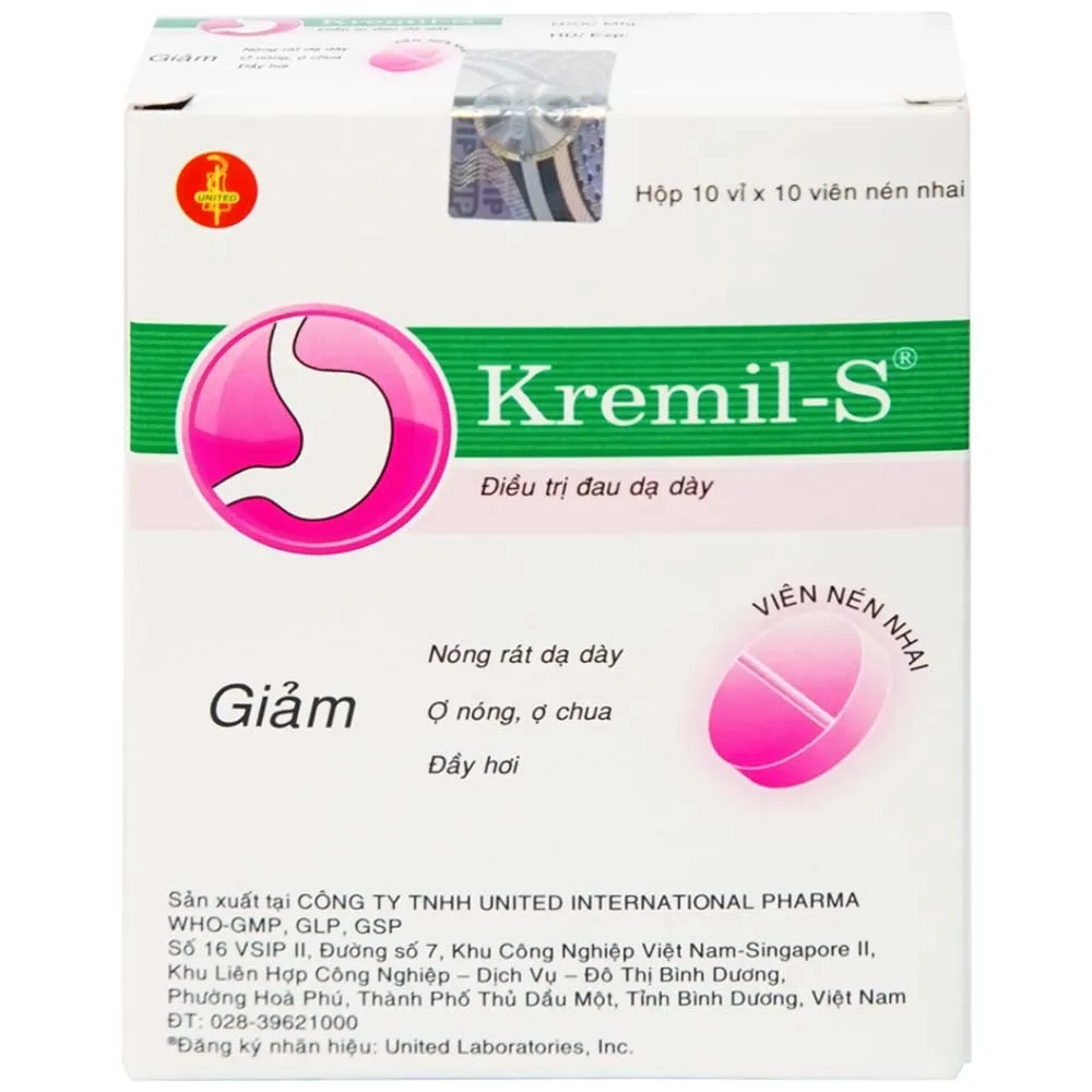 Hình ảnh Viên nhai Kremil-S United điều trị đau dạ dày, giảm nóng rát dạ dày, ợ nóng, ợ chua (10 vỉ x 10 viên)
