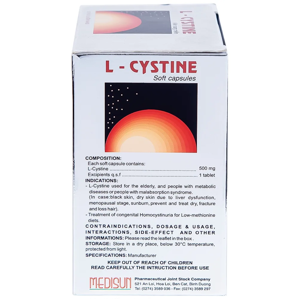 Hình ảnh Viên nang mềm L-Cystine 500mg Medisun bổ sung cho người suy dinh dưỡng, kém hấp thu, sạm da (12 vỉ x 5 viên)