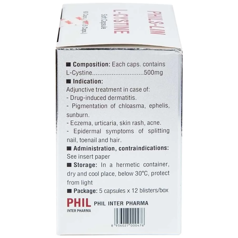 Hình ảnh Viên nang mềm L-Cystine 500mg Phils Lin hỗ trợ điều trị viêm da do thuốc, sạm da, tàn nhang (12 vỉ x 5 viên)