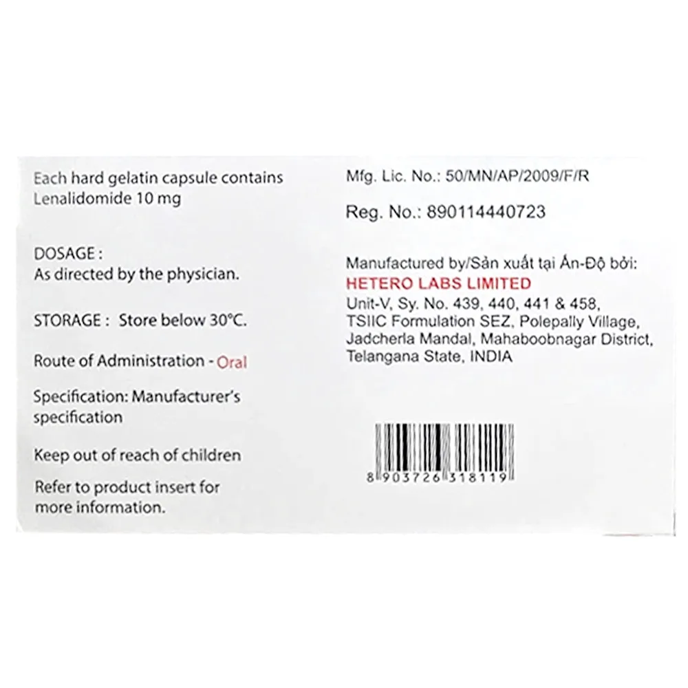 Hình ảnh Thuốc Lenalidomide Capsules 10mg Hetero điều trị ung thư (3 vỉ x 10 viên)