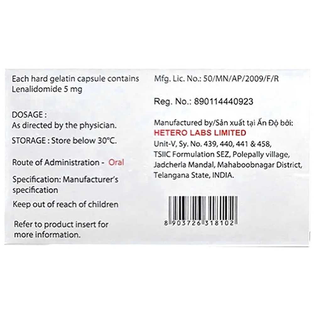 Hình ảnh Thuốc Lenalidomide Capsules 5mg Hetero điều trị ung thư  (3 vỉ x 10 viên)