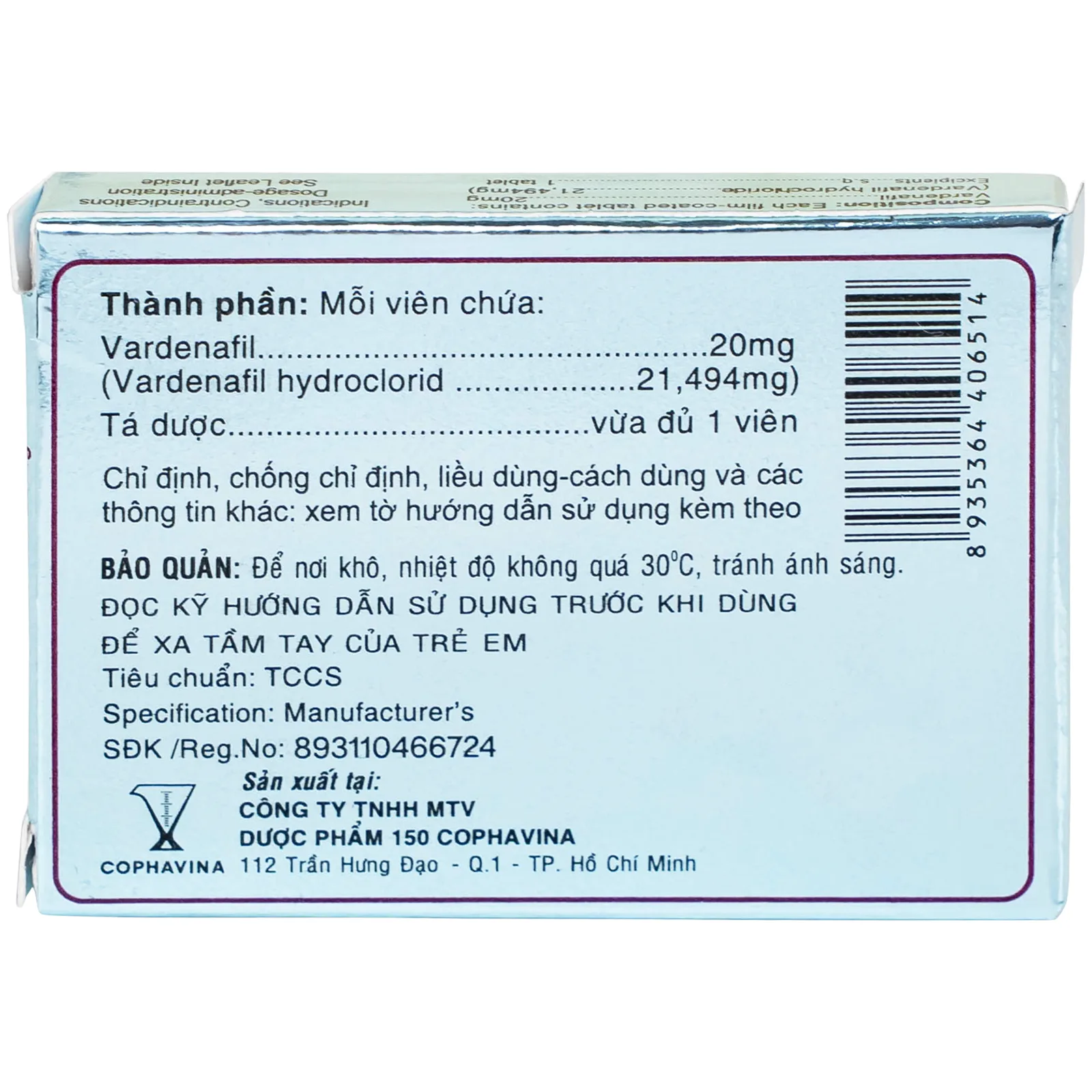 Hình ảnh Thuốc Levina 20mg Cophavina điều trị rối loạn chức năng cương dương (1 vỉ x 4 viên)