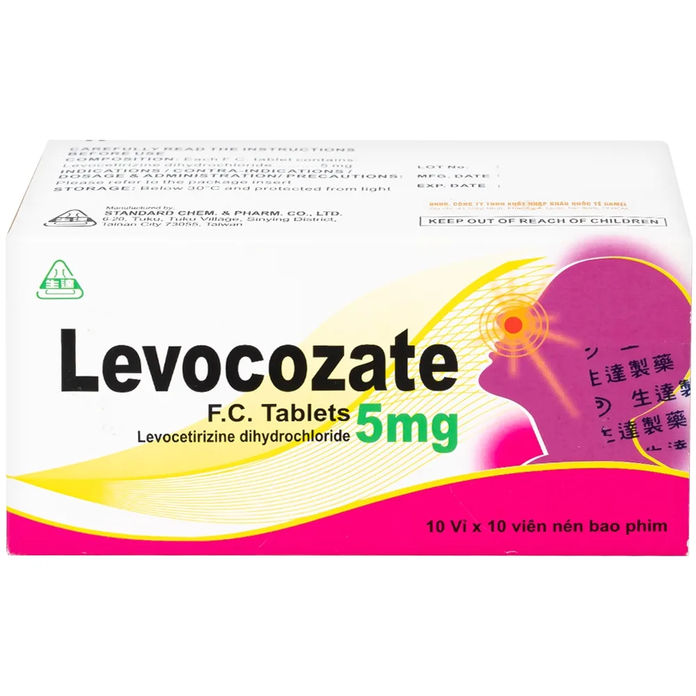 Hình ảnh Thuốc Levocozate 5mg dùng trong điều trị viêm mũi dị ứng theo mùa, dị ứng kinh niên, nổi mề đay tự phát (10 vỉ x 10 viên)  