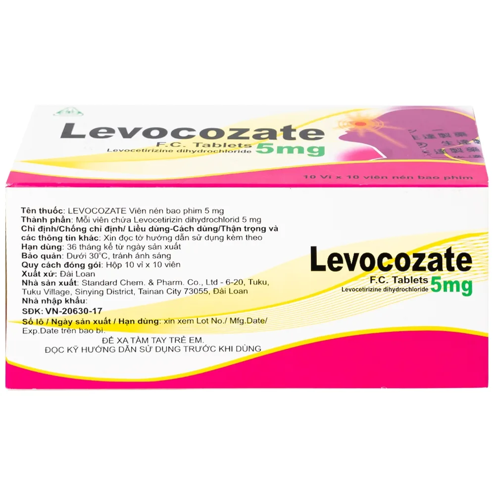 Hình ảnh Thuốc Levocozate 5mg dùng trong điều trị viêm mũi dị ứng theo mùa, dị ứng kinh niên, nổi mề đay tự phát (10 vỉ x 10 viên)  
