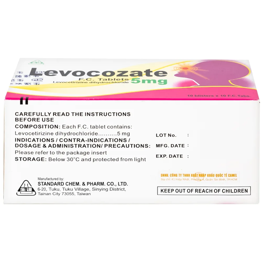 Hình ảnh Thuốc Levocozate 5mg dùng trong điều trị viêm mũi dị ứng theo mùa, dị ứng kinh niên, nổi mề đay tự phát (10 vỉ x 10 viên)  