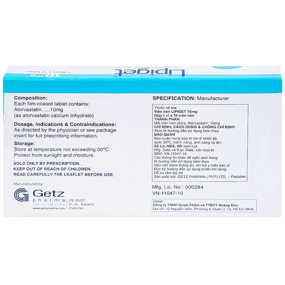 Hình ảnh Viên nén Lipiget 10mg Getz hỗ trợ chế độ ăn kiêng trong giảm cholesterol toàn phần (1 vỉ x 10 viên)