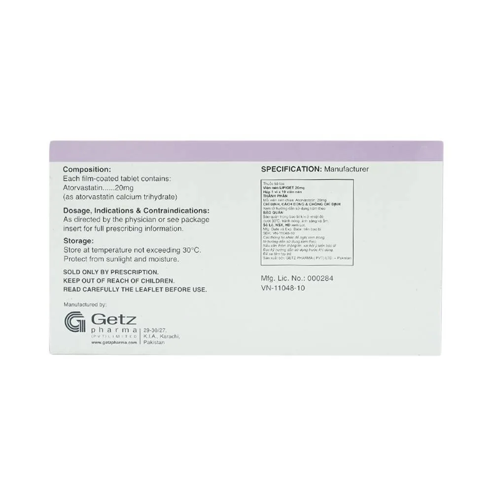 Hình ảnh Thuốc Lipiget 20mg Getz hỗ trợ chế độ ăn kiêng trong giảm cholesterol toàn phần (1 vỉ x 10 viên)
