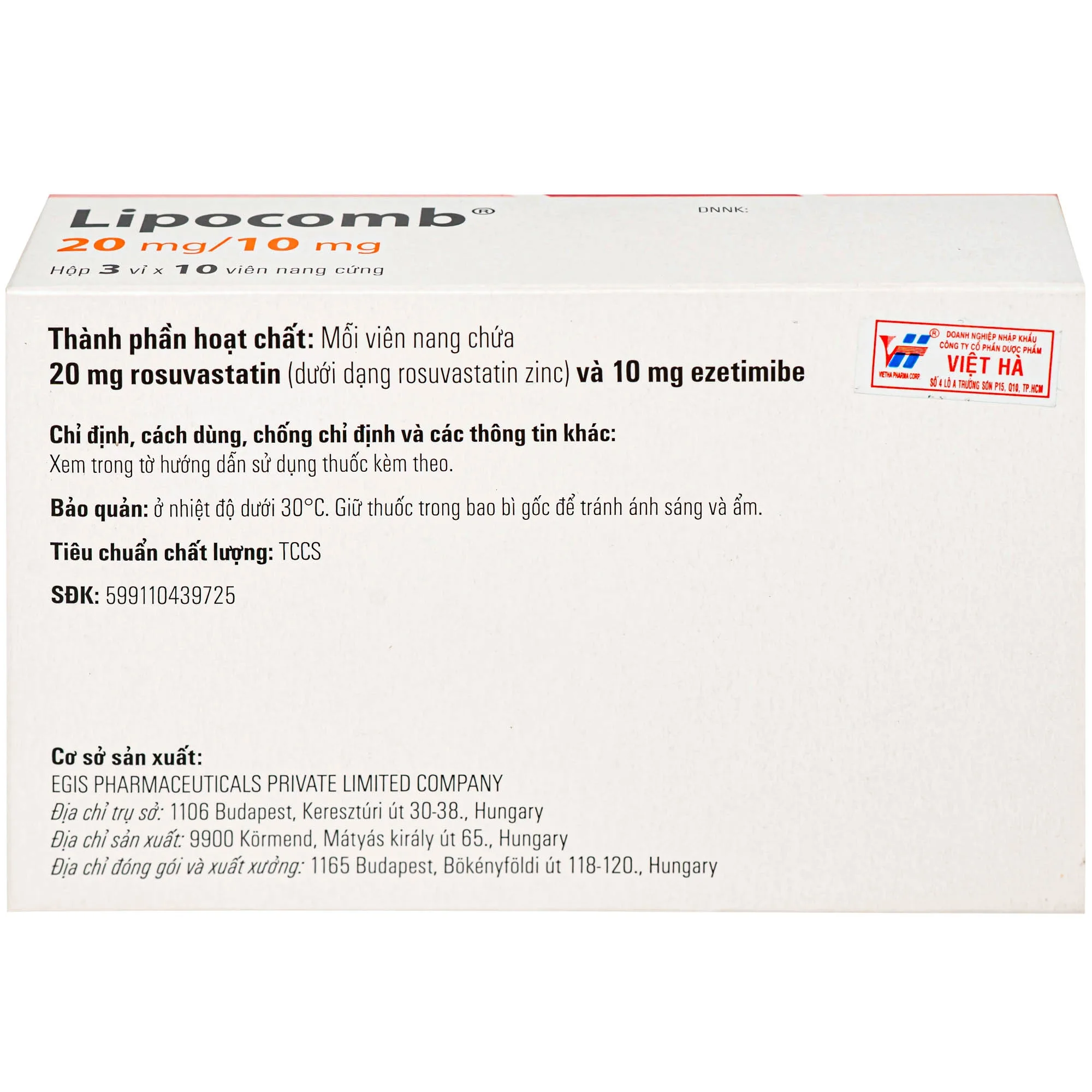 Hình ảnh Thuốc Lipocomb 20/10mg Egis Điều trị tăng cholesterol máu nguyên phát (3 vỉ x 10 viên)