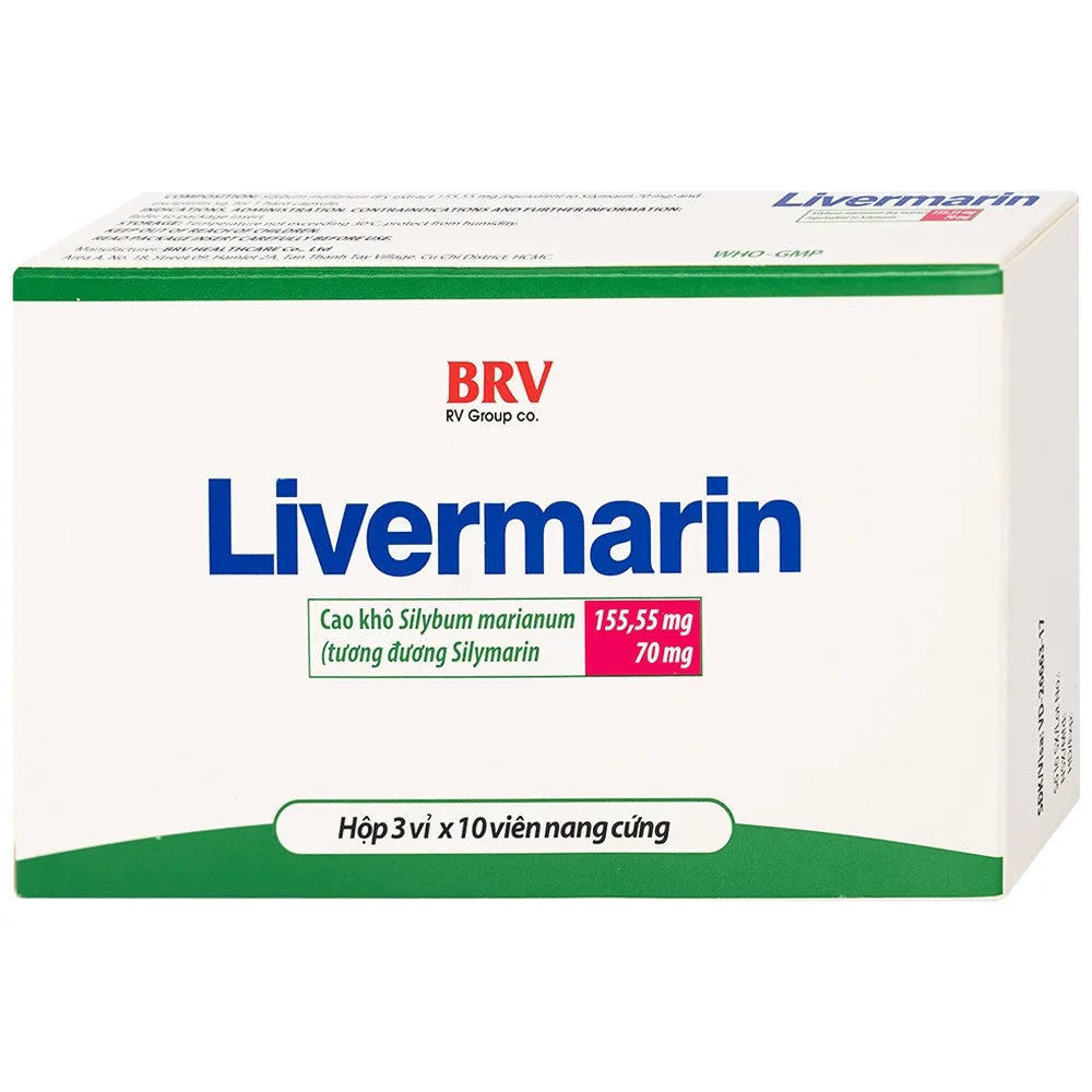 Hình ảnh Thuốc Livermarin 70mg Brv điều trị rối loạn tiêu hoá, viêm gan cấp và mãn tính (3 vỉ x 10 viên)