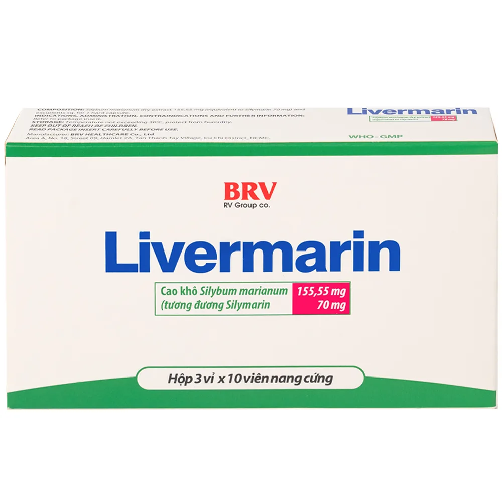 Hình ảnh Thuốc Livermarin 70mg Brv điều trị rối loạn tiêu hoá, viêm gan cấp và mãn tính (3 vỉ x 10 viên)