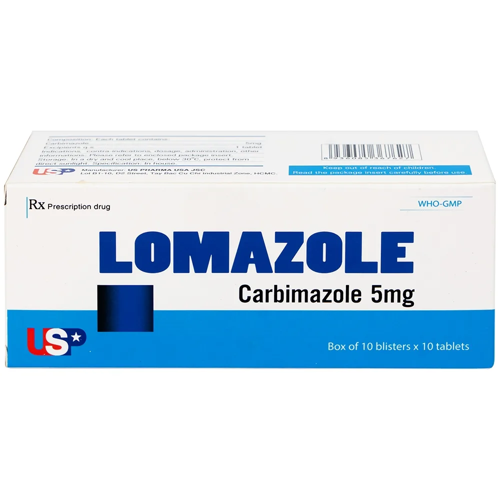 Hình ảnh Thuốc Lomazole 5mg US Pharma điều trị bệnh Basedow, nhiễm độc tuyến giáp, cường giáp khi thai nghén (10 vỉ x 10 viên)