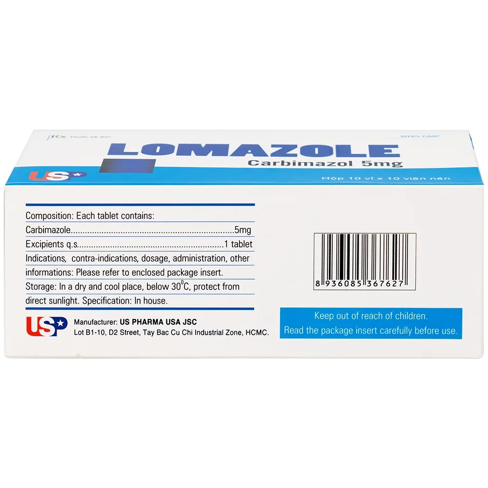 Hình ảnh Thuốc Lomazole 5mg US Pharma điều trị bệnh Basedow, nhiễm độc tuyến giáp, cường giáp khi thai nghén (10 vỉ x 10 viên)