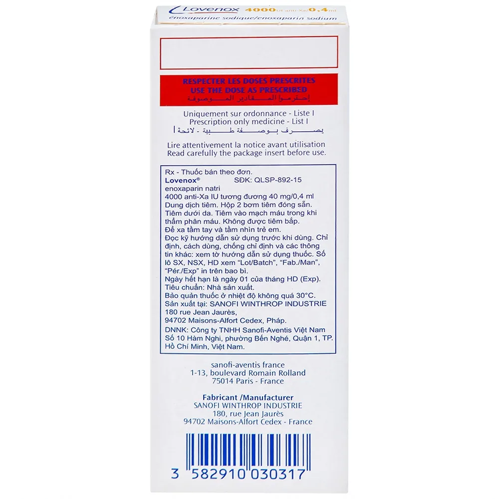 Hình ảnh Dung dịch tiêm Lovenox 4000 anti-Xa IU/0.4 ml điều trị dự phòng bệnh thuyên tắc huyết khối tĩnh mạch (2 ống)
