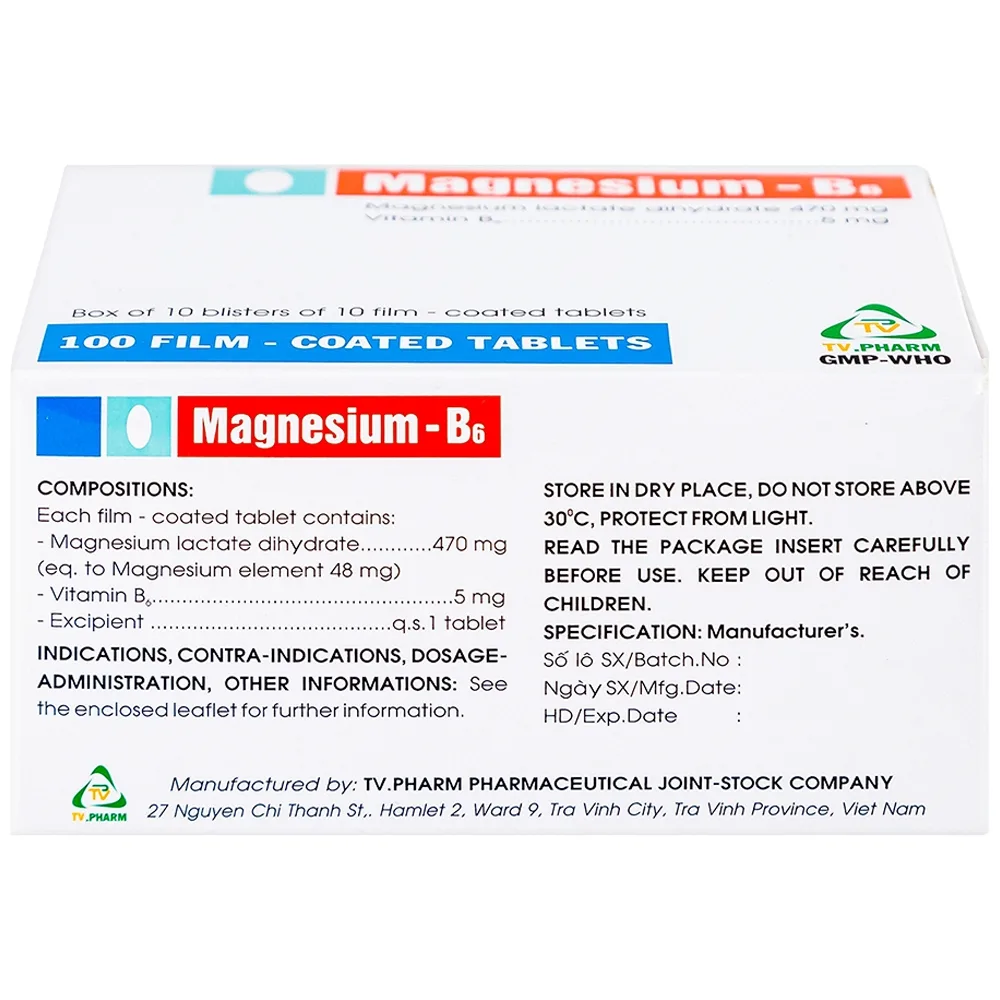 Hình ảnh Thuốc Magnesium - B6 TV.Pharm giảm các triệu chứng thiếu hụt magnesi, nôn mửa, khó chịu (10 vỉ x 10 viên)