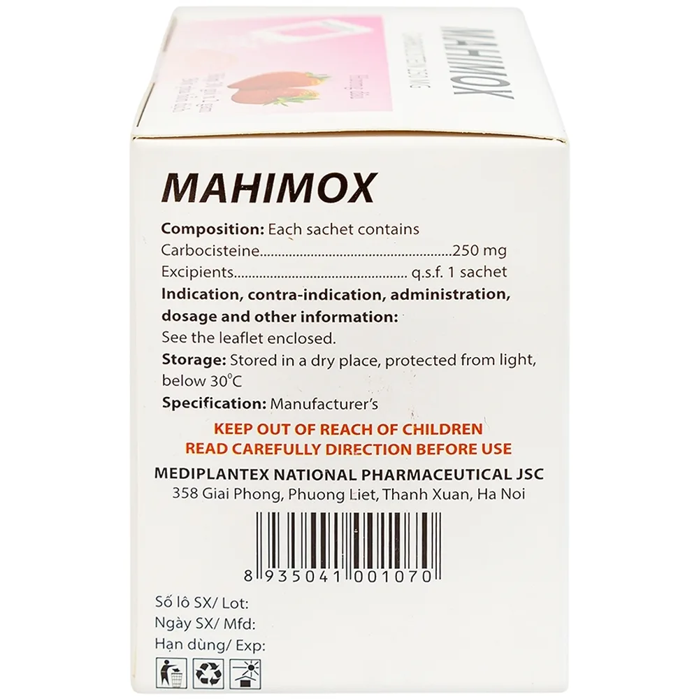 Hình ảnh Bột pha hỗn dịch Mahimox 250mg hương dâu điều trị hỗ trợ các rối loạn đường hô hấp (30 gói x 2g)