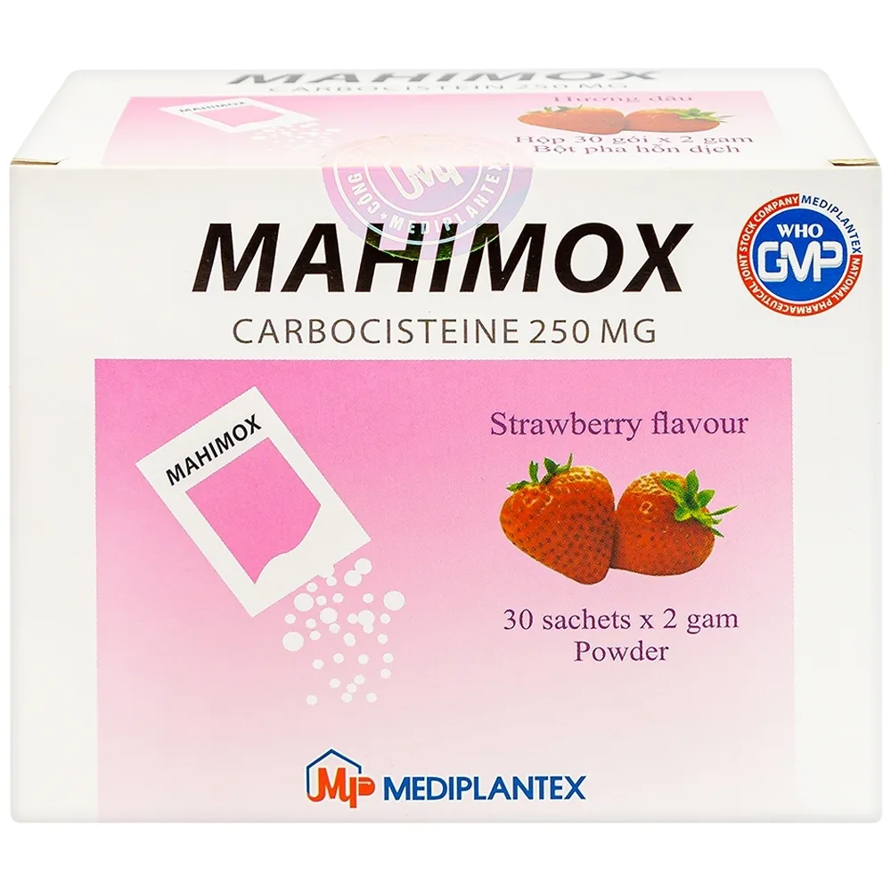 Hình ảnh Bột pha hỗn dịch Mahimox 250mg hương dâu điều trị hỗ trợ các rối loạn đường hô hấp (30 gói x 2g)