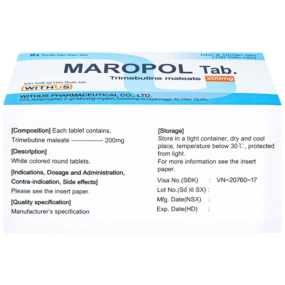 Hình ảnh Viên nén Maropol 200mg Withus Pharma điều trị đau do rối loạn chức năng ống tiêu hóa (10 vỉ x 10 viên)