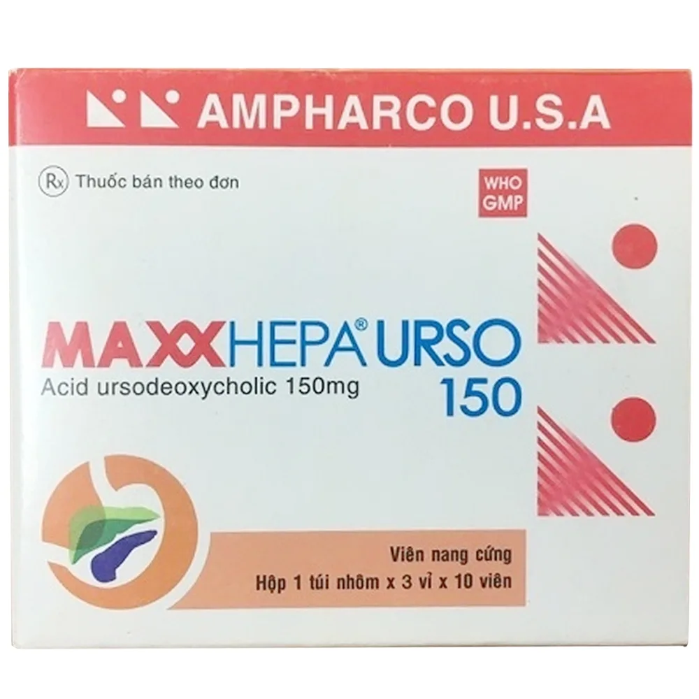 Hình ảnh Thuốc Maxxhepa Urso 150 Ampharco điều trị xơ gan do mật nguyên phát, tan sỏi túi mật cholesterol (3 vỉ x 10 viên)