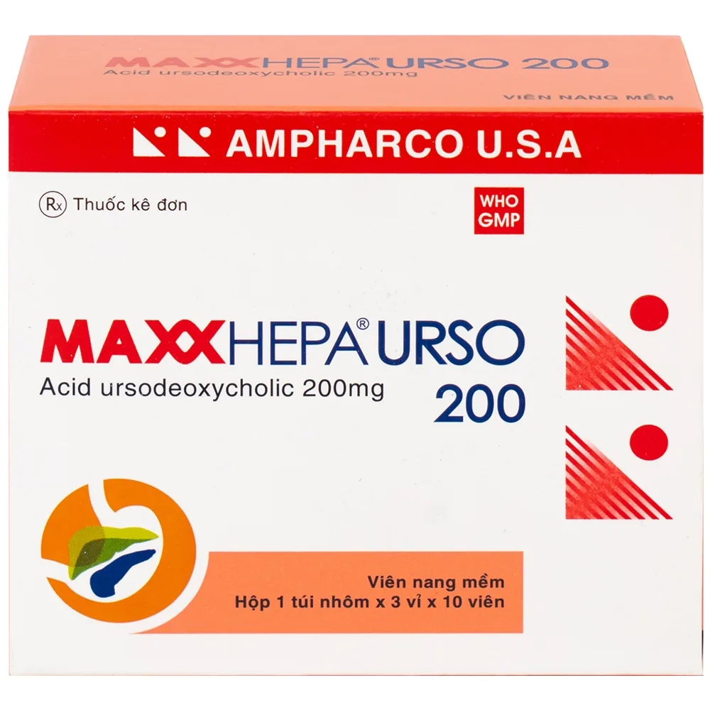 Hình ảnh Thuốc Maxxhepa Urso 200 Ampharco điều trị xơ gan do mật nguyên phát, tan sỏi túi mật cholesterol (3 vỉ x 10 viên)