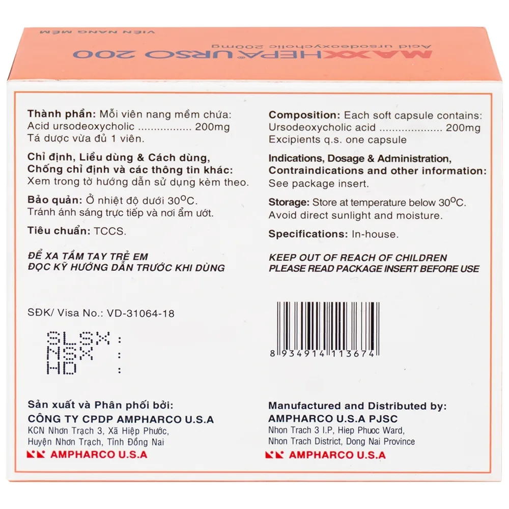 Hình ảnh Thuốc Maxxhepa Urso 200 Ampharco điều trị xơ gan do mật nguyên phát, tan sỏi túi mật cholesterol (3 vỉ x 10 viên)