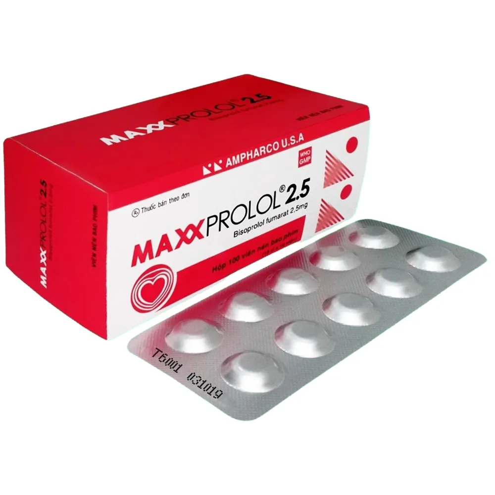 Hình ảnh Thuốc Maxxprolol 2.5 Ampharco điều trị tăng huyết áp, suy tim, đau thắt ngực (10 vỉ x 10 viên)