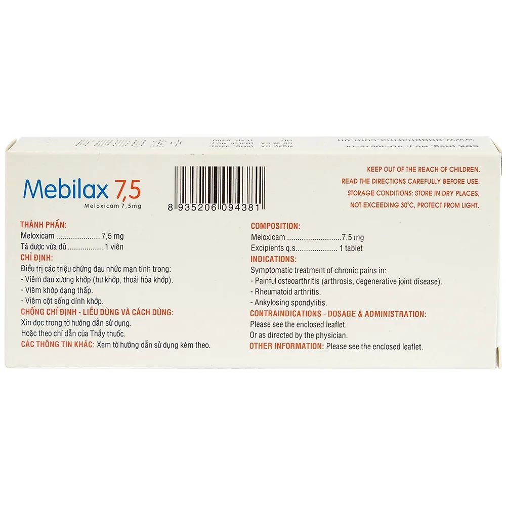Hình ảnh Viên nén Mebilax 7,5 DHG Pharma  điều trị viêm đau cơ xương khớp (2 vỉ x 10 viên)