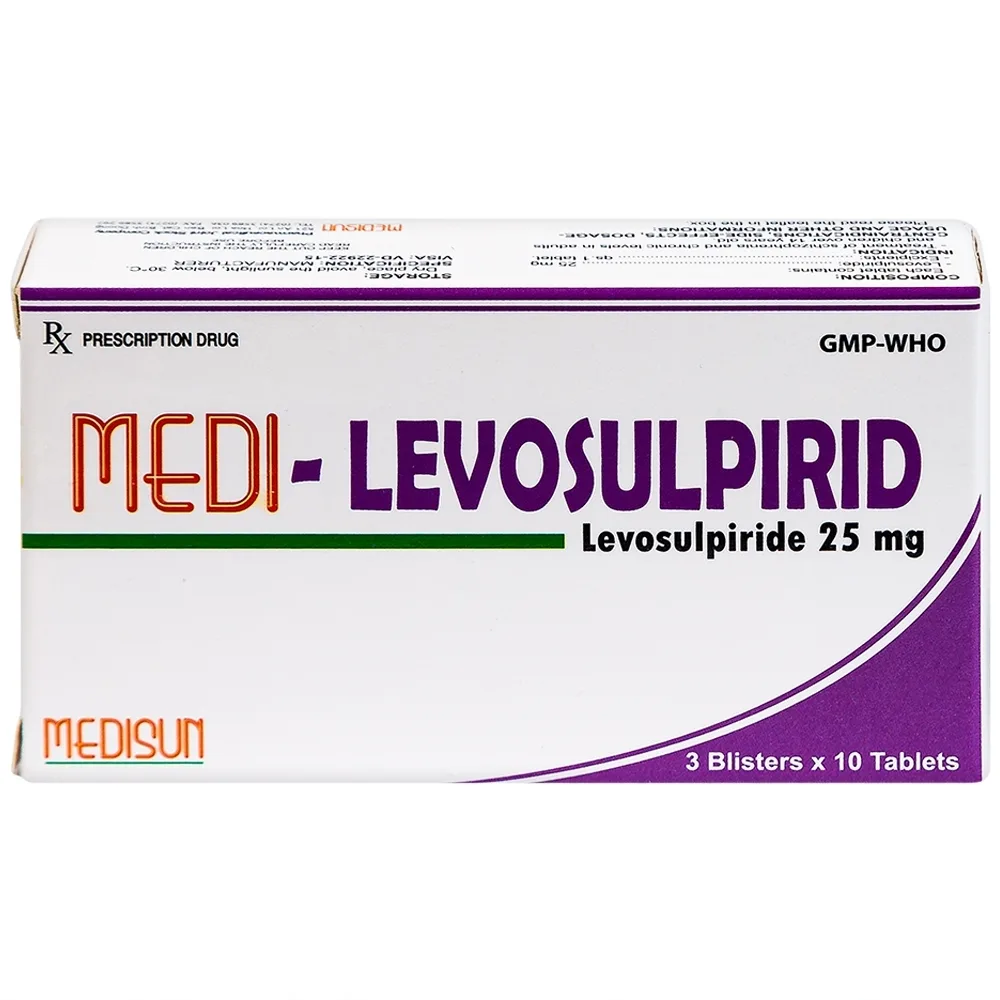 Hình ảnh Viên nén Medi-Levosulpirid 25mg Medisun điều trị tâm thần phân liệt cấp và mạn tính (3 vỉ x 10 viên)