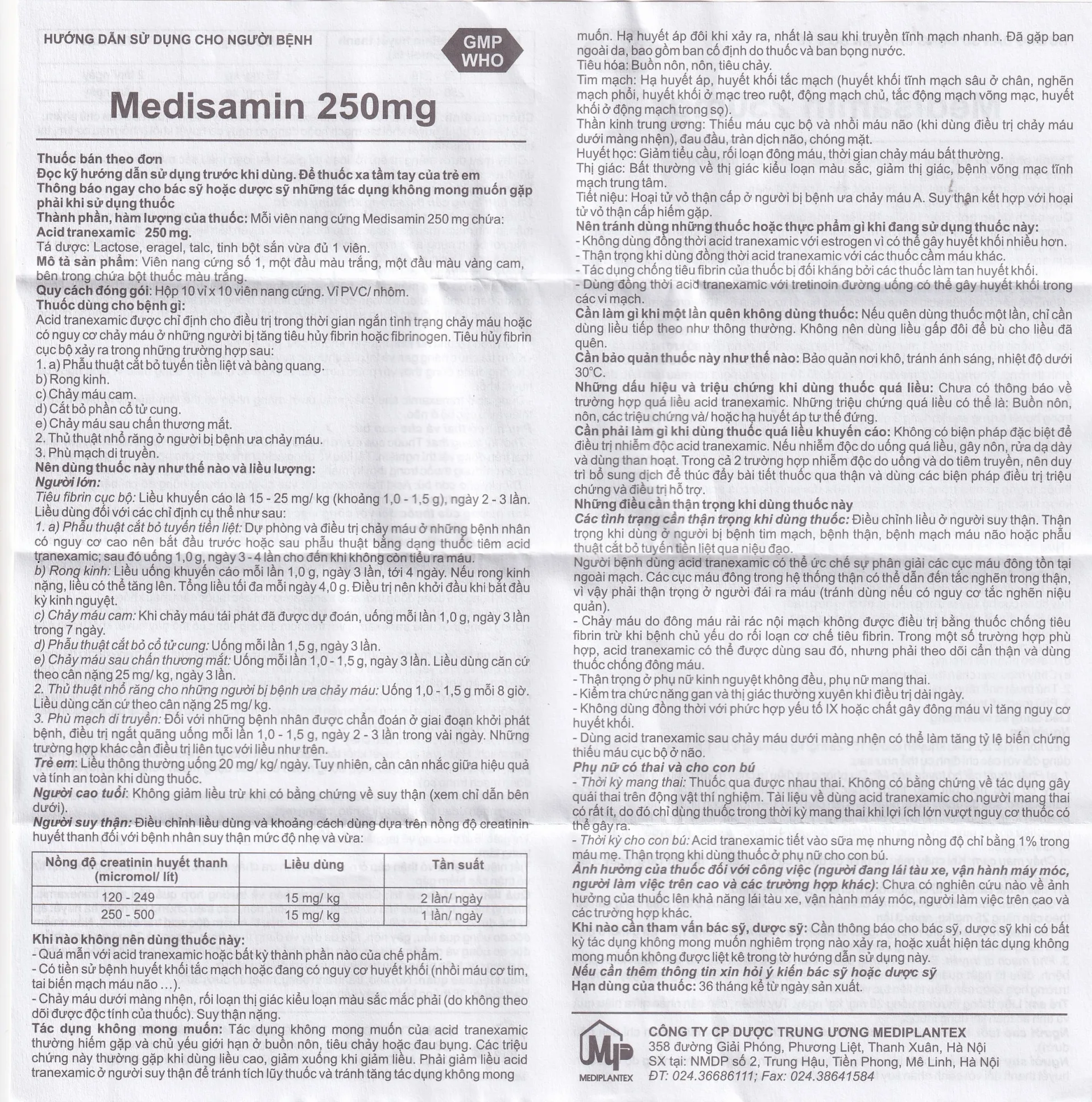 Hình ảnh Thuốc Medisamin 250mg Mediplantex điều trị tình trạng chảy máu (10 vỉ x 10 viên) 