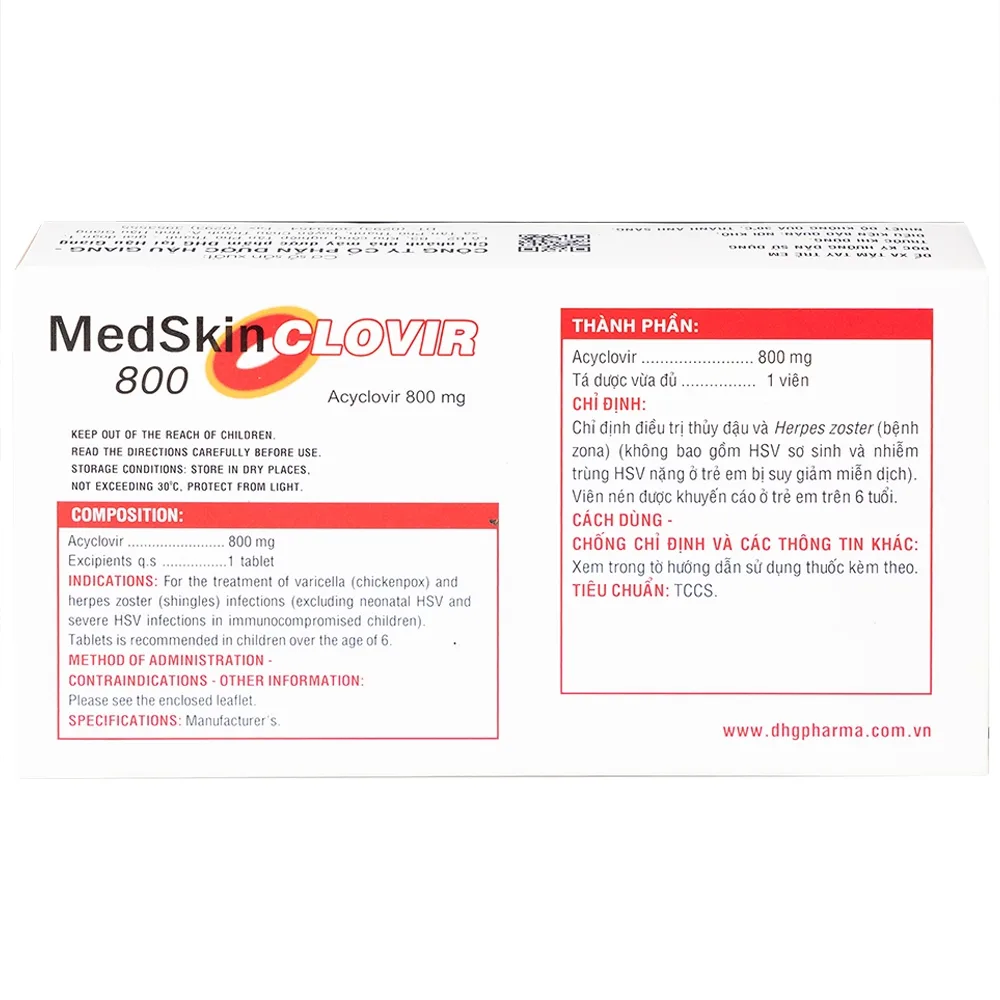 Hình ảnh Thuốc MedSkin Clovir 800 DHG điều trị nhiễm virus Herpes simplex, bệnh thủy đậu, viêm phổi do Zona (3 vỉ x 10 viên)