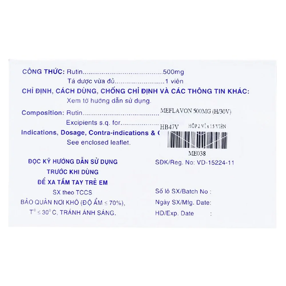 Hình ảnh Viên nén Meflavon 500mg Mekophar điều trị hội chứng chảy máu, xơ cứng mạch máu (2 vỉ x 15 viên)