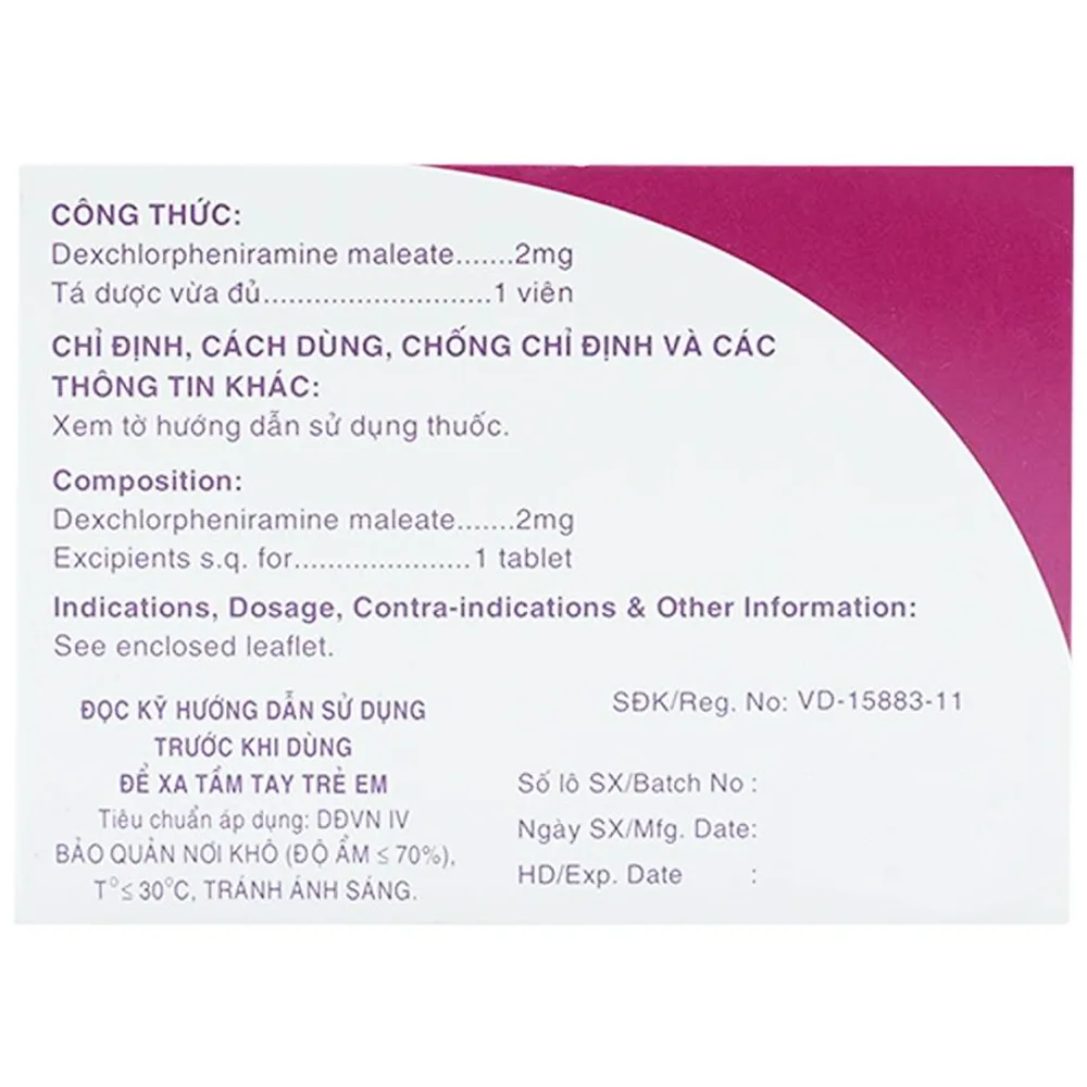 Hình ảnh Viên nén Mekopora 2mg Mekophar điều trị viêm mũi, viêm kết mạc, mày đay (2 vỉ x 15 viên)