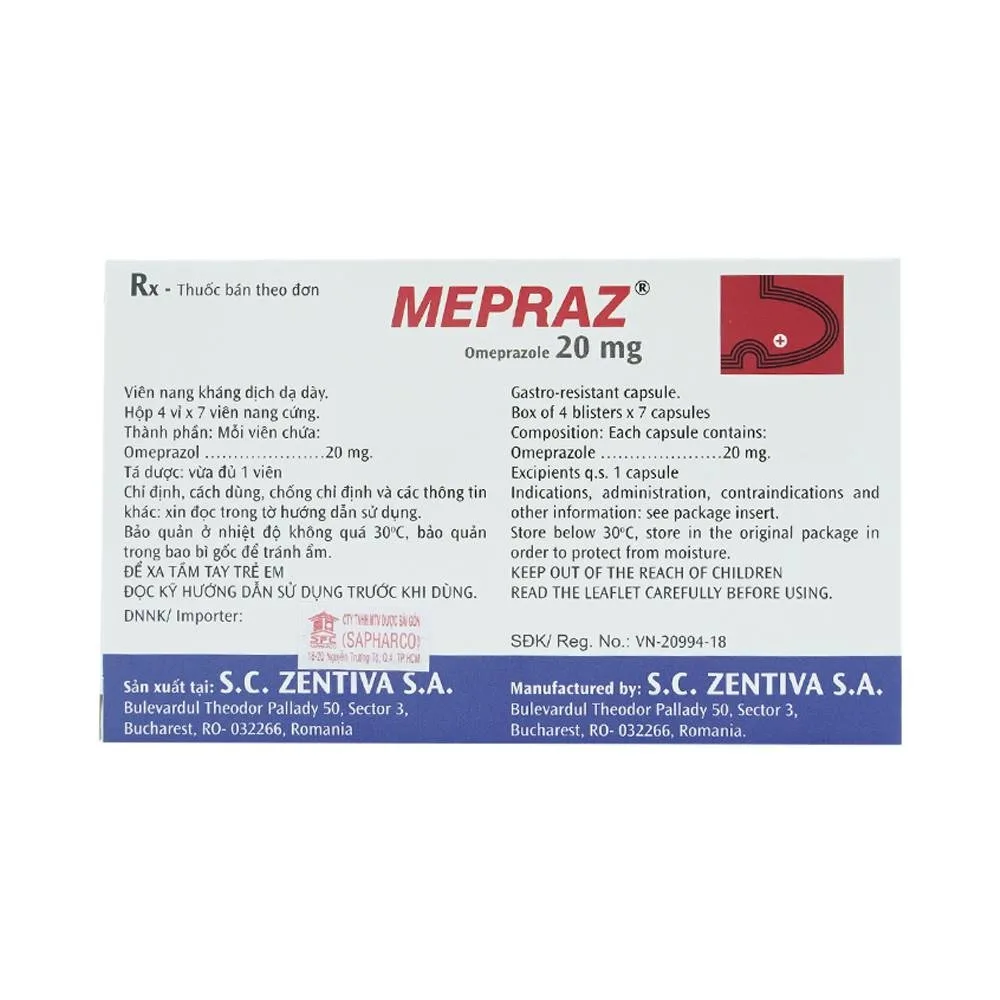 Hình ảnh Viên nang cứng Mepraz 20mg Sanofi điều trị trào ngược dạ dày thực quản (4 vỉ x 7 viên)