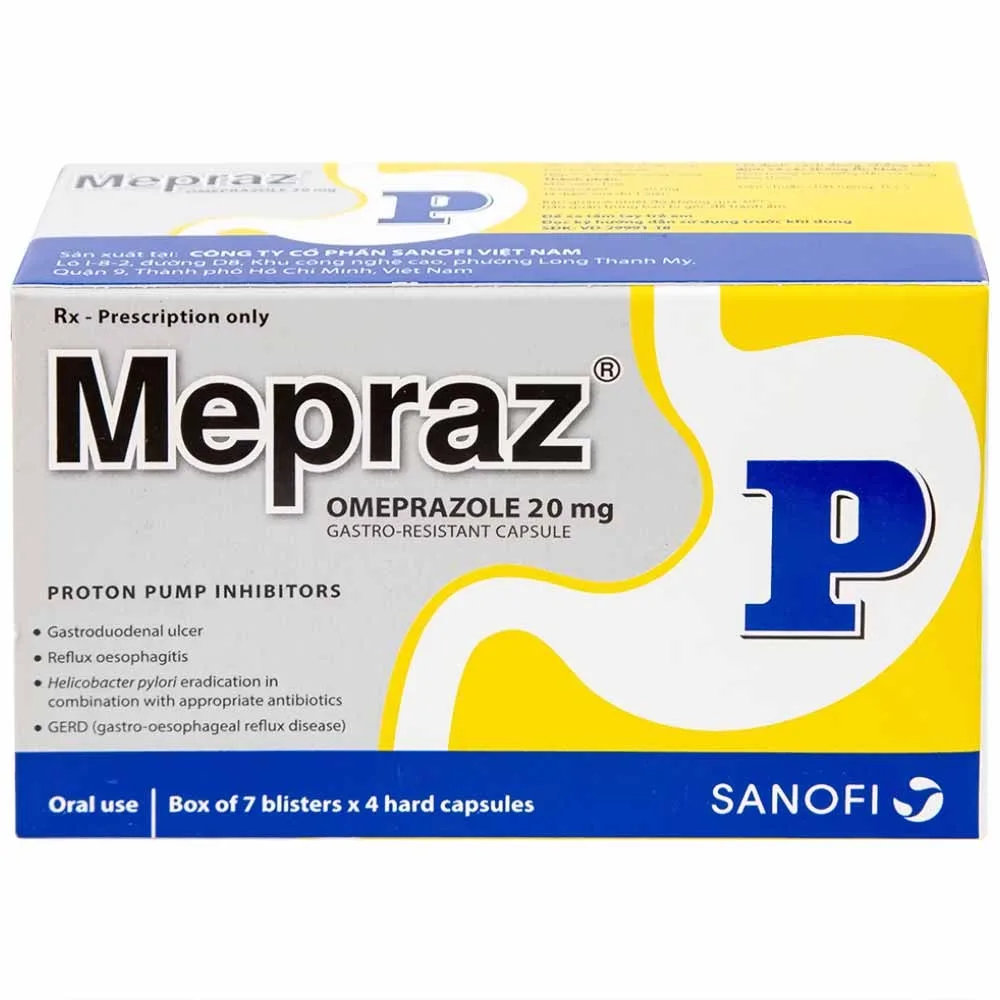 Hình ảnh Viên nang cứng Mepraz 20mg Sanofi điều trị loét dạ dày tá tràng, viêm thực quản trào ngược (7 vỉ x 4 viên)