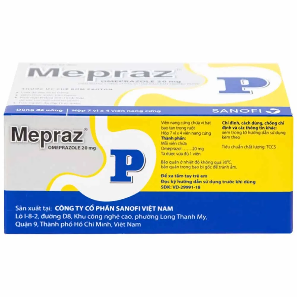 Hình ảnh Viên nang cứng Mepraz 20mg Sanofi điều trị loét dạ dày tá tràng, viêm thực quản trào ngược (7 vỉ x 4 viên)