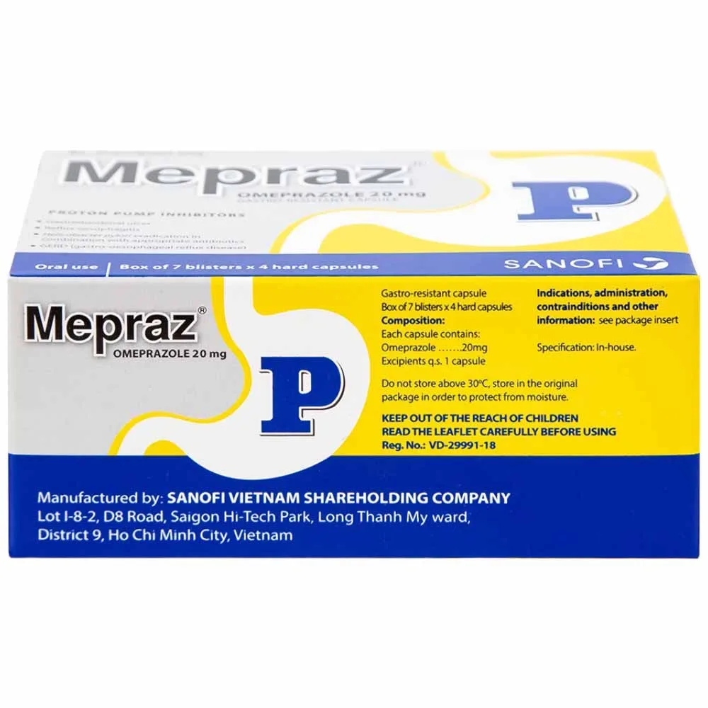 Hình ảnh Viên nang cứng Mepraz 20mg Sanofi điều trị loét dạ dày tá tràng, viêm thực quản trào ngược (7 vỉ x 4 viên)